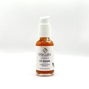 Orange bottle of Elite Labs CC Serum With Vitamin C featuring a white pump cap.