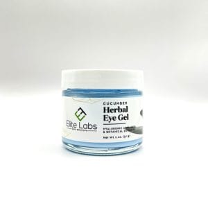 A jar of Cucumber Herbal Eye Gel by Elite Labs displayed on a white background.
