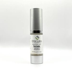 Elite Labs Protein Lift Serum in a silver and white bottle set against a plain backdrop.