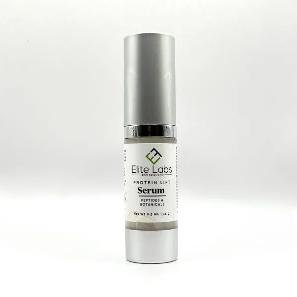 Elite Labs Protein Lift Serum in a silver and white bottle set against a plain backdrop.