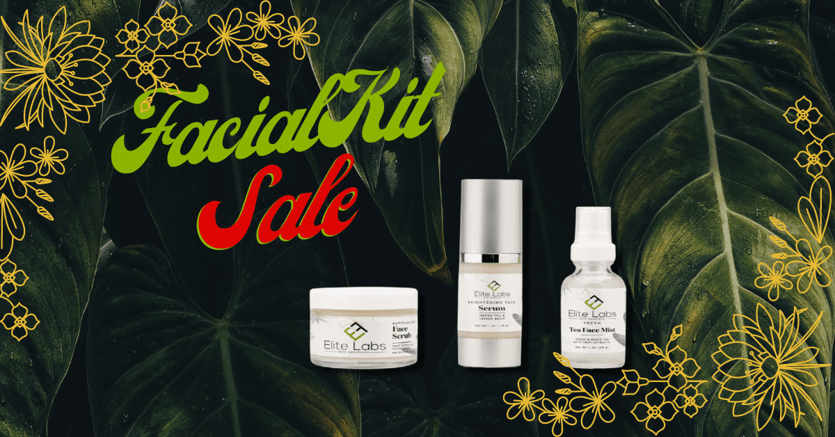 Facial kit sale promotion with skincare products against a leafy background and floral accents.