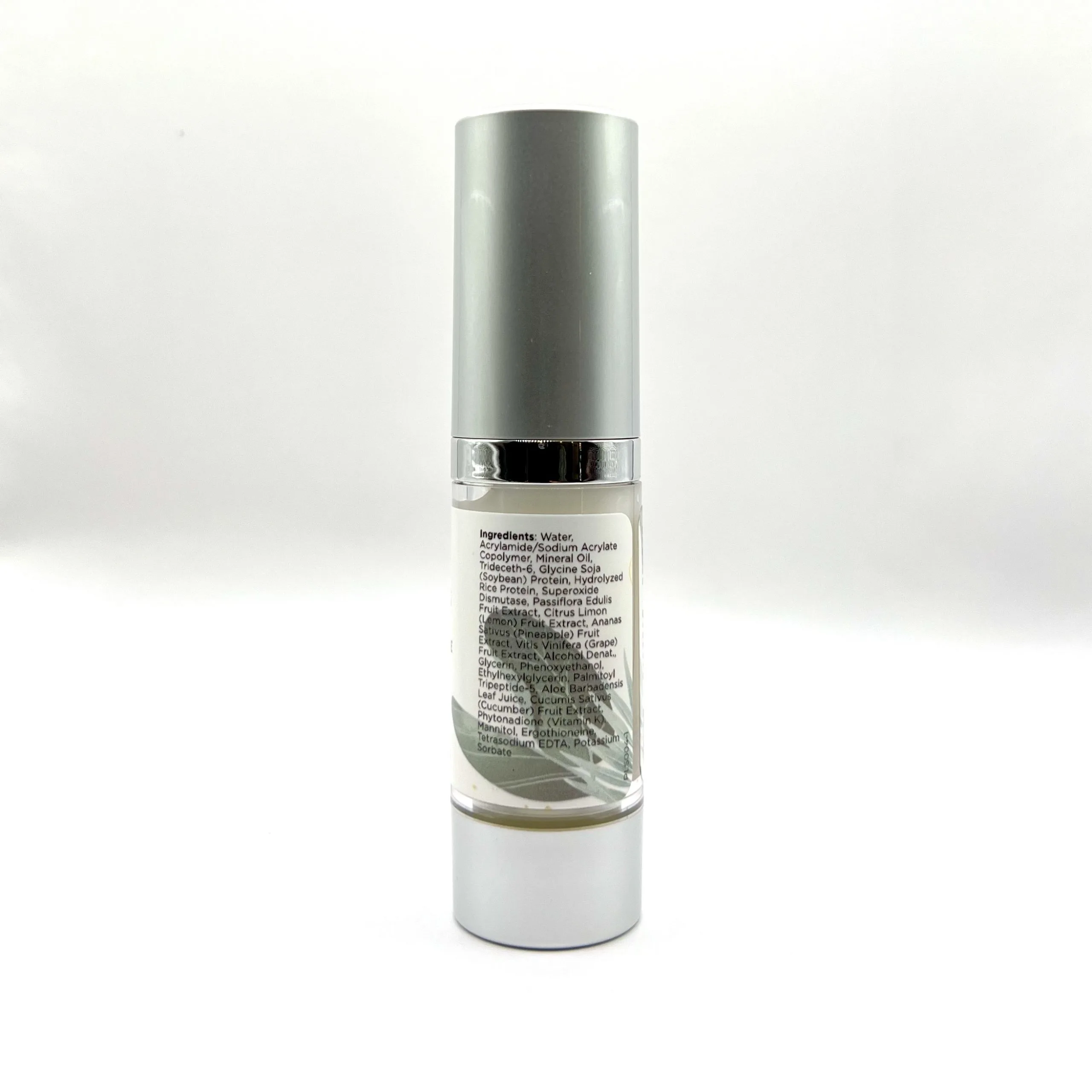 A bottle of Advanced Eye Serum featuring a silver cap and an ingredients label set against a plain white background.