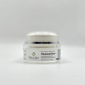 Small container of Daytime Ageless Moisturizer by Elite Labs set against a simple white backdrop.