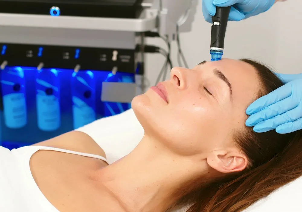 A person receiving a facial treatment using the Hydrafacial<sup style="font-size:0.5em; font-weight:700;">©</sup> MD device, with gloved hands applying the procedure.