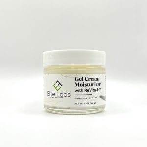 1.7 oz jar of Gel Cream Moisturizer with Revita-D by Elite Labs, featuring watermelon extract, on a plain white background.