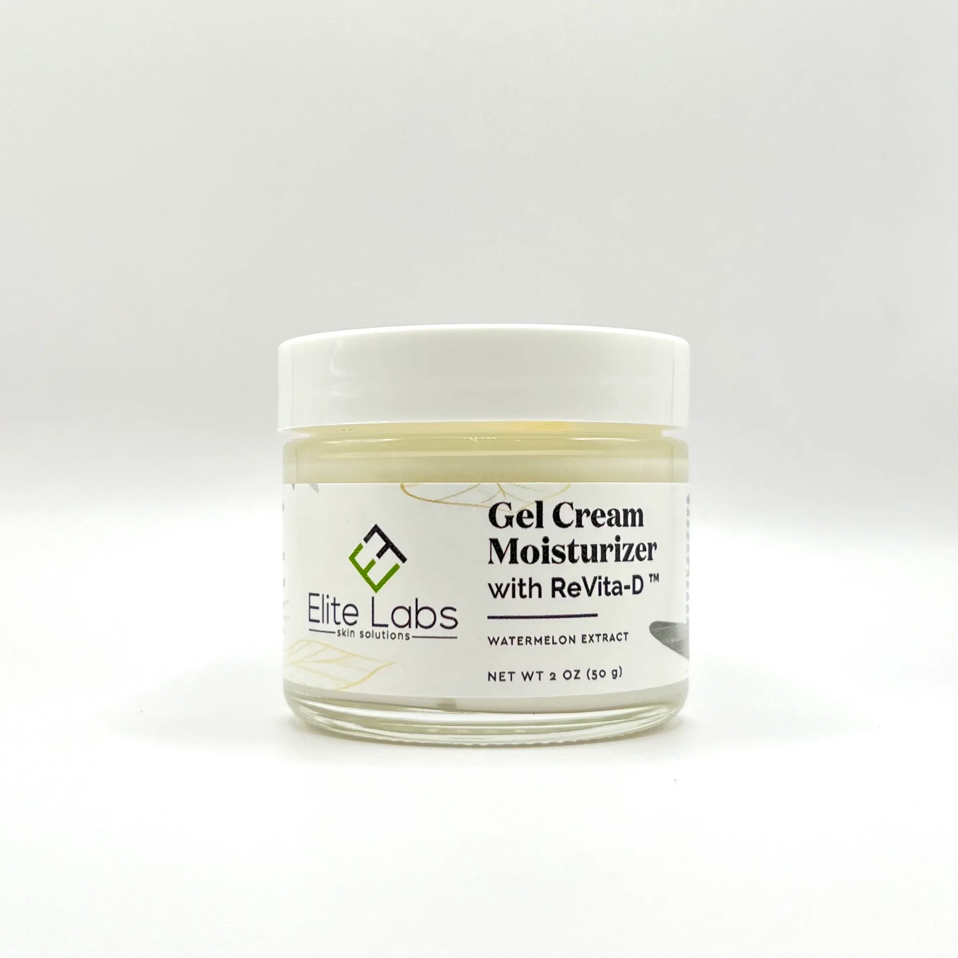 1.7 oz jar of Gel Cream Moisturizer with Revita-D by Elite Labs, featuring watermelon extract, on a plain white background.