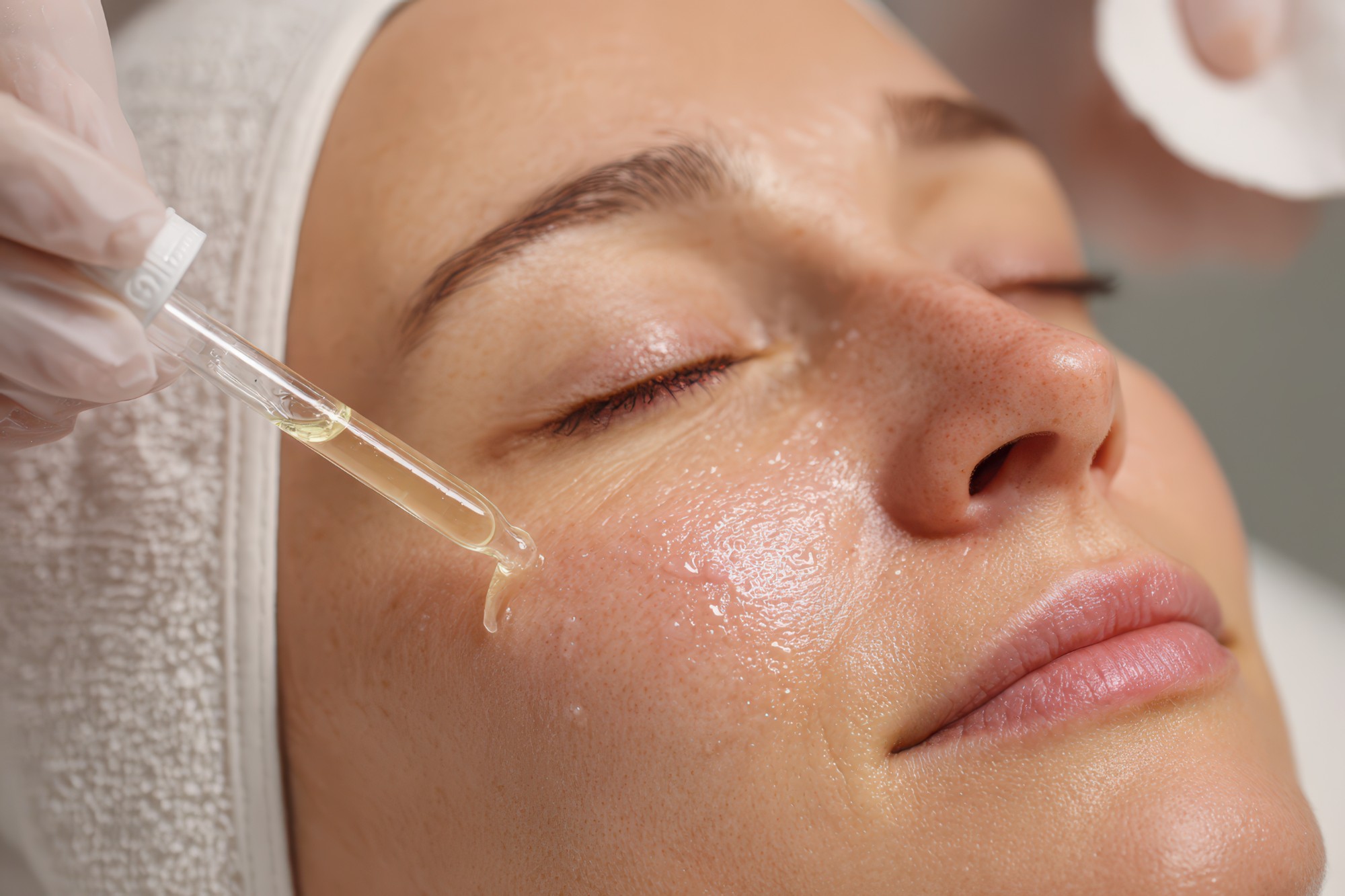 Esthetician applying chemical peel solution to client face at Elite Facials in Orinda CA